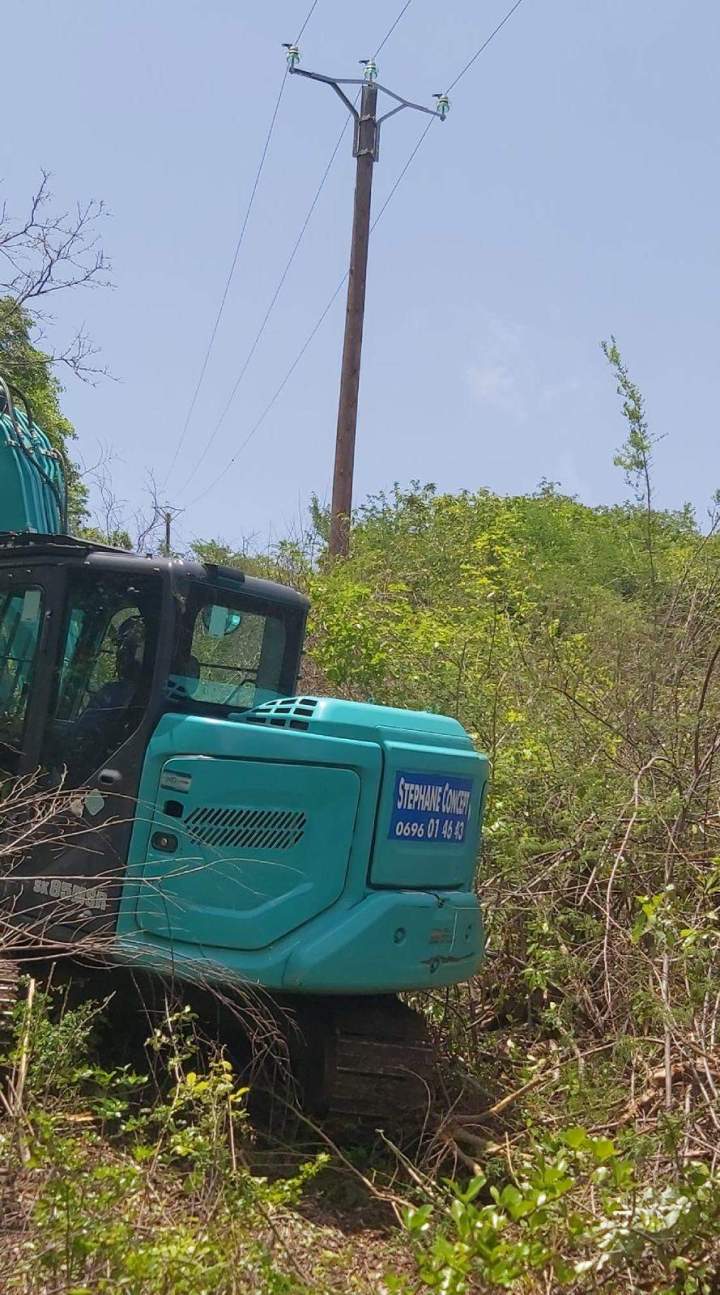 Pelle hydraulique turquoise pour travaux de défrichage Martinique